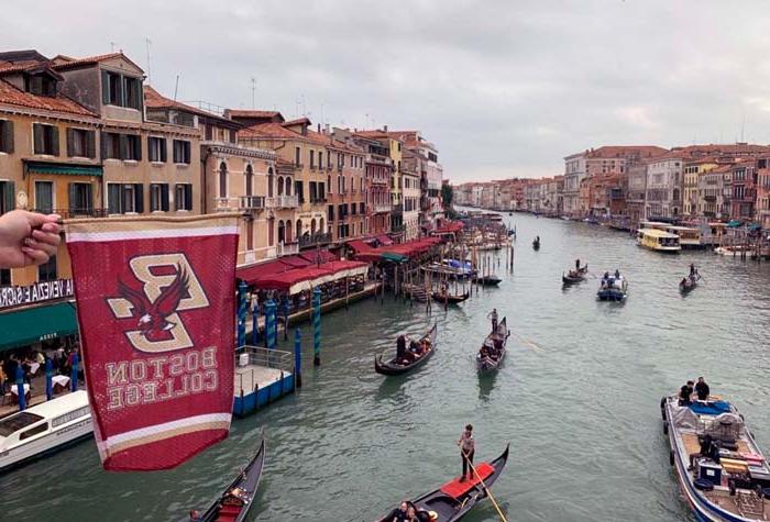 Photo of a BC banner hanging over the Grand Canal in Venice